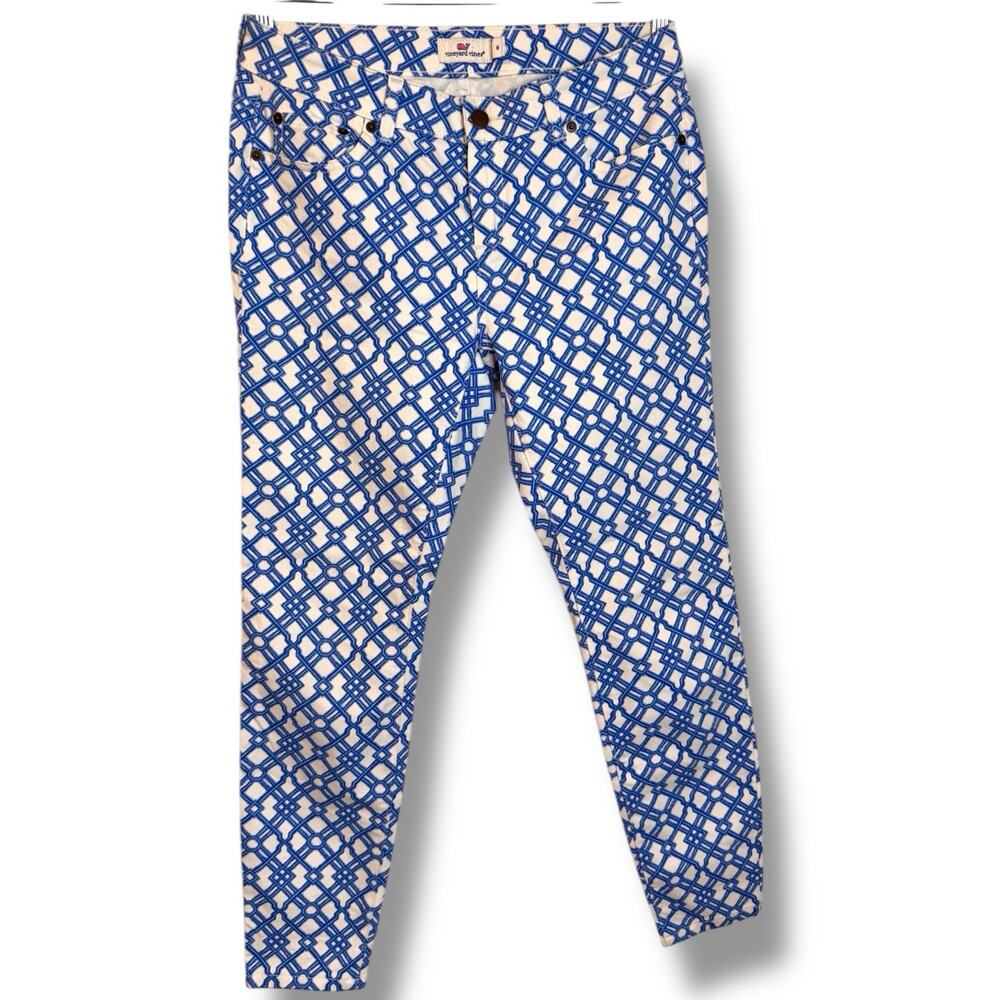 Vineyard Vines Blue White Geometric Lattice Print Skinny Jeans Size 8 Gustavia